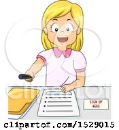 Poster, Art Print Of Blond Girl Inviting People To Register