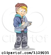 Blond Boy Taking Notes And Wearing A Camera