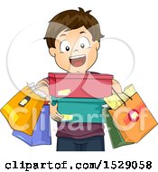 Poster, Art Print Of Happy Boy Carrying Shopping Bags And Shoe Boxes
