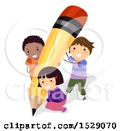 Clipart Of A Group Of School Children Holding Up A Giant Pencil Royalty Free Vector Illustration