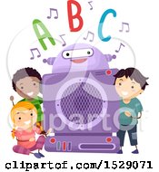 Clipart Of A Group Of Children With A Robot Listening To Phonics Royalty Free Vector Illustration