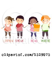 Clipart Of A Group Of School Childre Learning Listen Speak Read And Write Royalty Free Vector Illustration