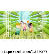 Clipart Of A Group Of Children At A Green House Field Trip Royalty Free Vector Illustration