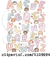 Clipart Of A Sketched Group Of School Children With Alphabet Letters Royalty Free Vector Illustration