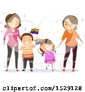 Poster, Art Print Of Lesbian Parents With Their Children Waving Lgbtq Rainbow Flags