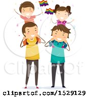 Poster, Art Print Of Happy Children Waving Lgbtq Rainbow Flags While Sitting On Shoulders Of Their Dads