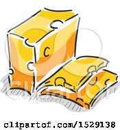 Clipart Of A Sketched Block Of Cheese And Slices Royalty Free Vector Illustration