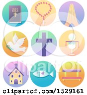 Poster, Art Print Of Christian Icons On Gradient Circles Bible Rosary Hand In Prayer Dove Cross Eucharist Church Fish To Kneeling Bench