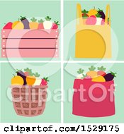 Poster, Art Print Of Fruits And Vegetables In A Wooden Crate Bag Basket And Sack