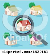 Poster, Art Print Of Magnifying Glass Over A House In A Neighborhood On Blue