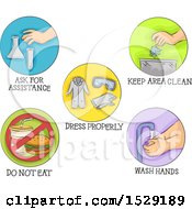 Round Colorful Safety Icons In The Laboratory Wash Hands Dress Properly And Ask For Assistance