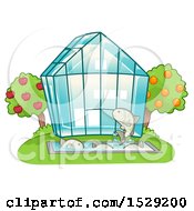 Clipart Of A Greenhouse With Orchard Trees And Farmed Fish Royalty Free Vector Illustration