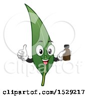 Clipart Of A Happy Eucalyptus Leaf Character Holding A Bottle Of Oil Royalty Free Vector Illustration