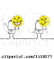 Clipart Of A Stick Business Man Holding Happy And Sad Signs Royalty Free Vector Illustration