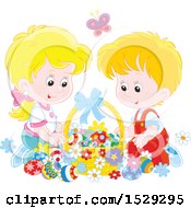 Clipart Of A Happy White Boy And Girl With An Easter Basket Royalty Free Vector Illustration