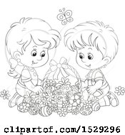 Clipart Of A Black And White Happy Boy And Girl With An Easter Basket Royalty Free Vector Illustration