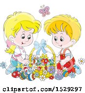 Poster, Art Print Of Happy Caucasian Boy And Girl With An Easter Basket