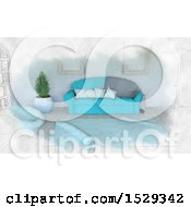 Clipart Of A Sketched Blue Toned Modern Lobby Interior Royalty Free Illustration