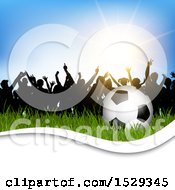 Poster, Art Print Of Silhouetted Crowd Of Soccer Fans With A Ball In Grass And White Wave