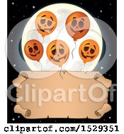 Clipart Of A Blank Parchment Scroll With Halloween Balloons And A Full Moon Royalty Free Vector Illustration by visekart