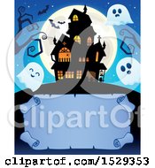 Poster, Art Print Of Blank Parchment Scroll With A Halloween Haunted House And Ghosts