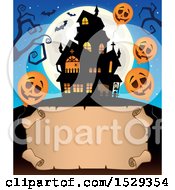 Poster, Art Print Of Blank Parchment Scroll With A Halloween Haunted House And Balloons