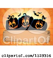 Poster, Art Print Of Blank Parchment Scroll With Black Halloween Jackolantern Pumpkins Over Orange Rays