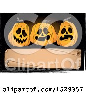 Poster, Art Print Of Blank Parchment Scroll With Halloween Jackolantern Pumpkins On Black Grunge