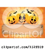 Poster, Art Print Of Blank Parchment Scroll With Halloween Jackolantern Pumpkins Over Orange Rays