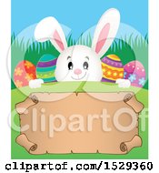 Poster, Art Print Of White Easter Bunny Rabbit Over A Blank Parchment Scroll