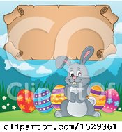 Poster, Art Print Of Gray Easter Bunny Rabbit With A Blank Parchment Scroll