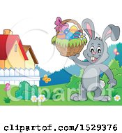 Clipart Of A Gray Bunny Rabbit Holding An Easter Basket Royalty Free Vector Illustration by visekart
