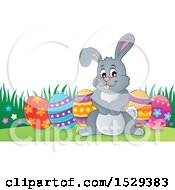 Clipart Of A Gray Bunny Rabbit With Easter Eggs Royalty Free Vector Illustration