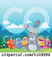 Poster, Art Print Of Gray Bunny Rabbit With Easter Eggs