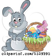 Poster, Art Print Of Gray Bunny Rabbit With An Easter Basket