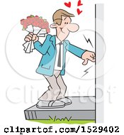 Caucasian Man Ringing A Doorbell And Holding A Boquet Of Roses