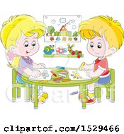 Poster, Art Print Of Cartoon Caucasian Boy And Girl Coloring Pictures At A Table