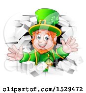 Clipart Of A St Patricks Day Leprechaun Breaking Through White Brick Wall Royalty Free Vector Illustration