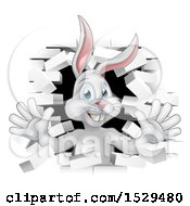 Clipart Of A White Easter Bunny Rabbit Breaking Through A White Brick Wall Royalty Free Vector Illustration