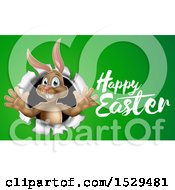 Poster, Art Print Of Happy Easter Greeting By A Brown Bunny Rabbit Breaking Through A Hole In A Wall Over Green
