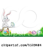 Poster, Art Print Of Border Of A White Easter Bunny Rabbit Holding An Egg By A Basket In The Grass