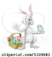 Poster, Art Print Of White Easter Bunny Rabbit Holding An Egg By A Basket