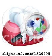 Clipart Of A Magnifying Glass Over A Tooth And Gums Displaying Bacteria And A Shield Royalty Free Vector Illustration