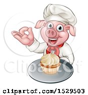 Clipart Of A Chef Pig Holding A Cupcake On A Tray And Gesturing Okay Royalty Free Vector Illustration by AtStockIllustration