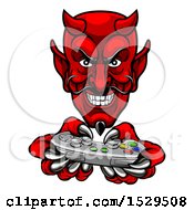 Poster, Art Print Of Grinning Evil Red Devil Playing With A Video Game Controller