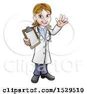 Clipart Of A Cartoon Friendly White Female Doctor Waving And Holding A Clipboard Royalty Free Vector Illustration
