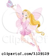 Poster, Art Print Of Pink Fairy With Long Blond Hair And A Butterfly