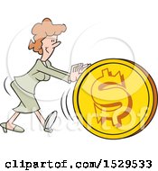 Poster, Art Print Of Cartoon White Business Woman Getting The Ball Rolling Pushing A Dollar Coin Ball