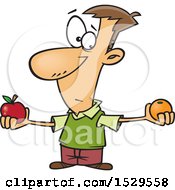 Cartoon Caucasian Man Comparing Apples And Oranges