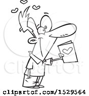 Clipart Of A Cartoon Black And White Man Holding Out A Valentines Day Card Royalty Free Vector Illustration